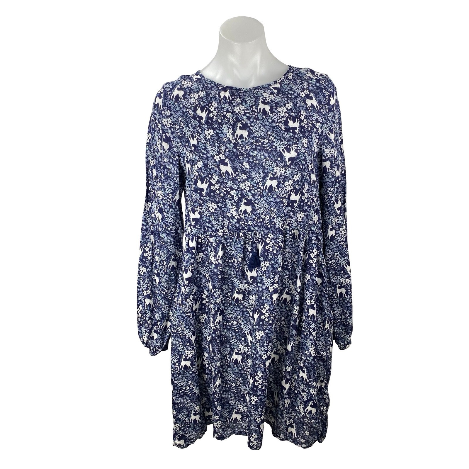 H&M Women\'s Blue Unicorn Floral Print Long Sleeve Mini Flare A-Line Dress Sz 14 H&M Women\'s Blue Unicorn Floral Print Long Sleeve Mini Flare A-Line Dress Sz 14