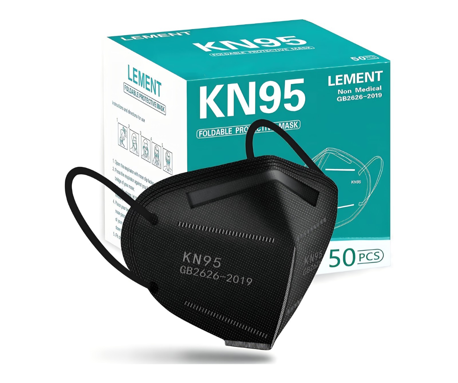 LEMENT 50pcs KN95 Face Mask Black 5Layer Filter≥95% Cup Dust Safety Masks