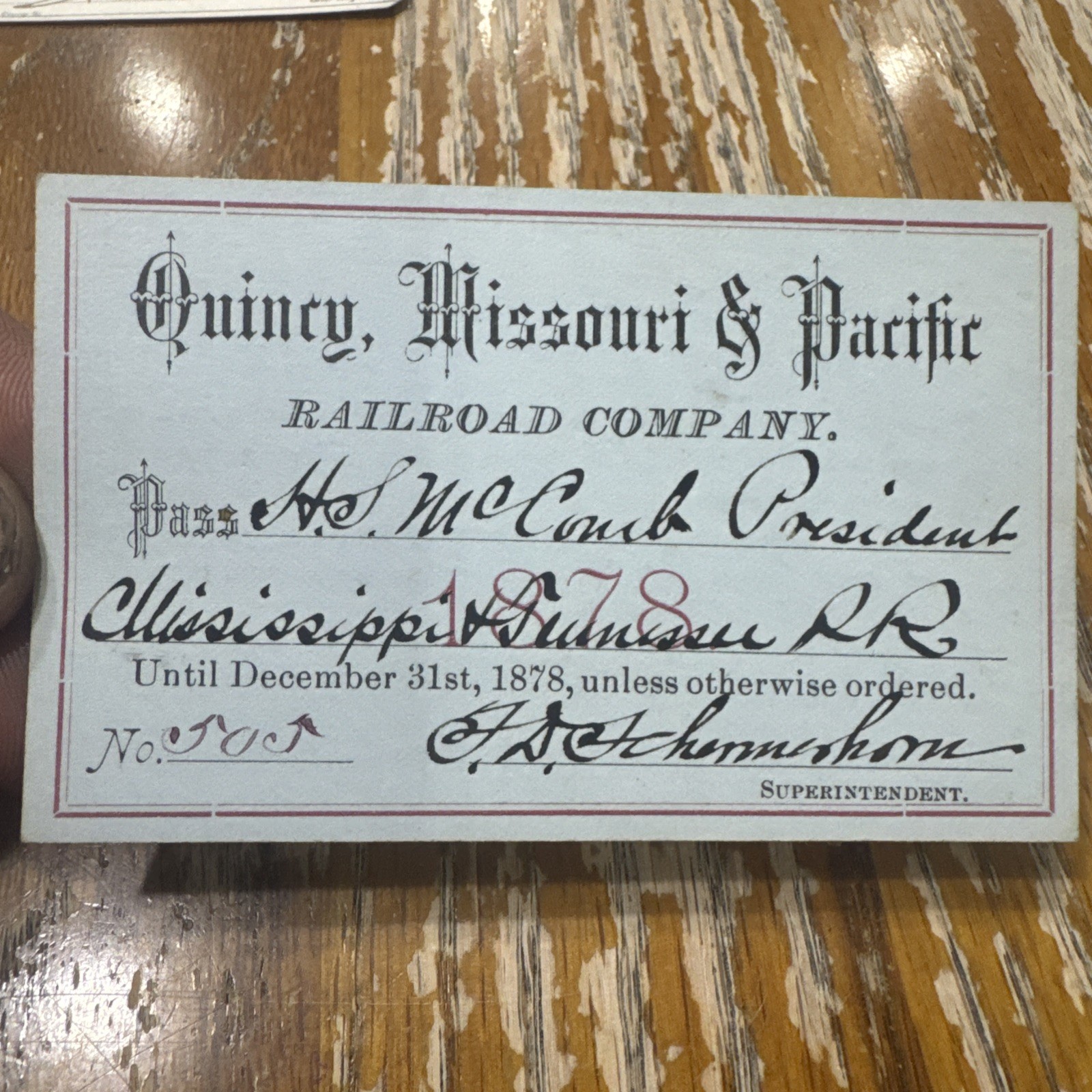 1878 Quincy Missouri & Pacific Railroad Annual  Pass Antique Train McComb