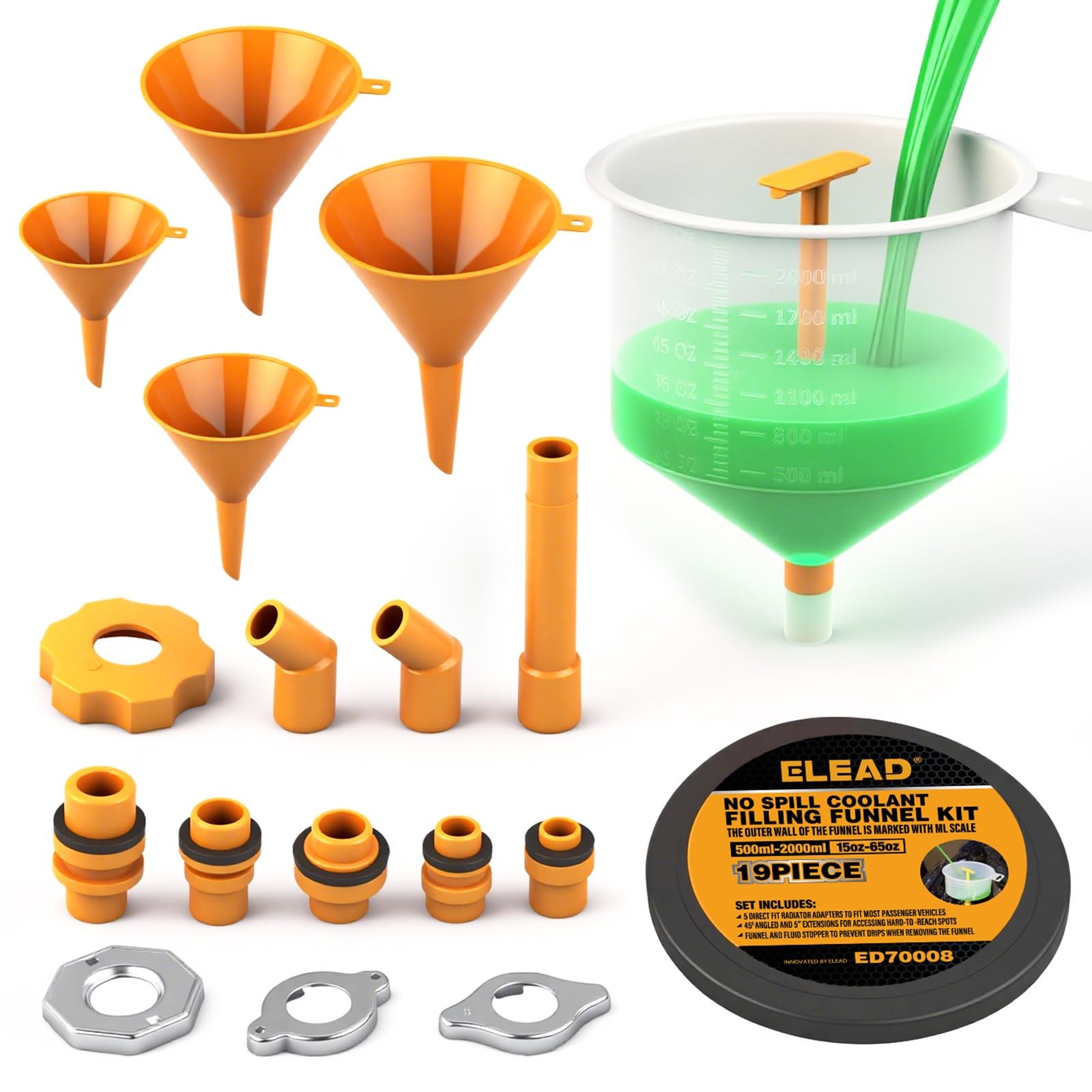 ELEAD No-Spill Coolant Funnel Kit - 19-Piece Multi-use Version Yellow 