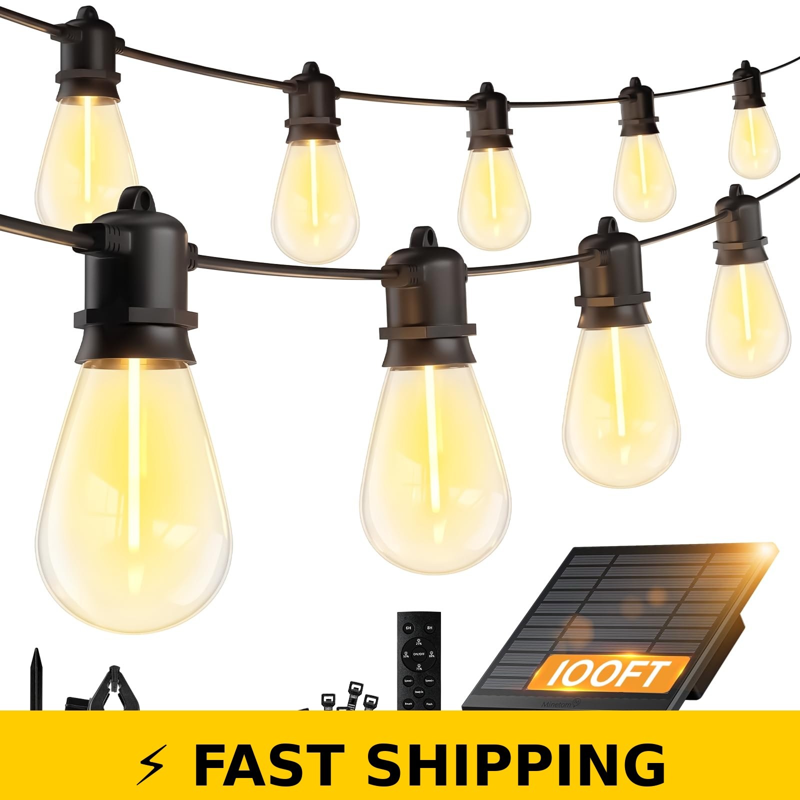 Minetom 100FT Solar String Lights with Remote & Dimmable S14 Bulbs