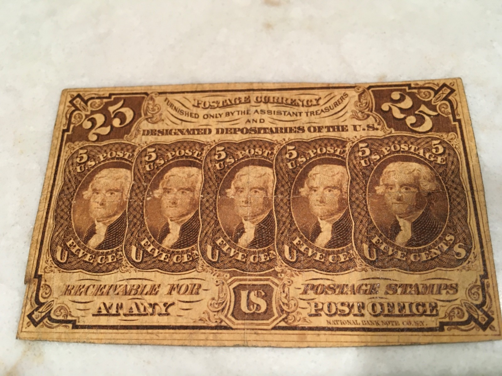 VINTAGE 25 CENT FRACTIONAL CURRENCY, FIRST ISSUE #1281, STRAIGHT EDGES, MONOGRAM
