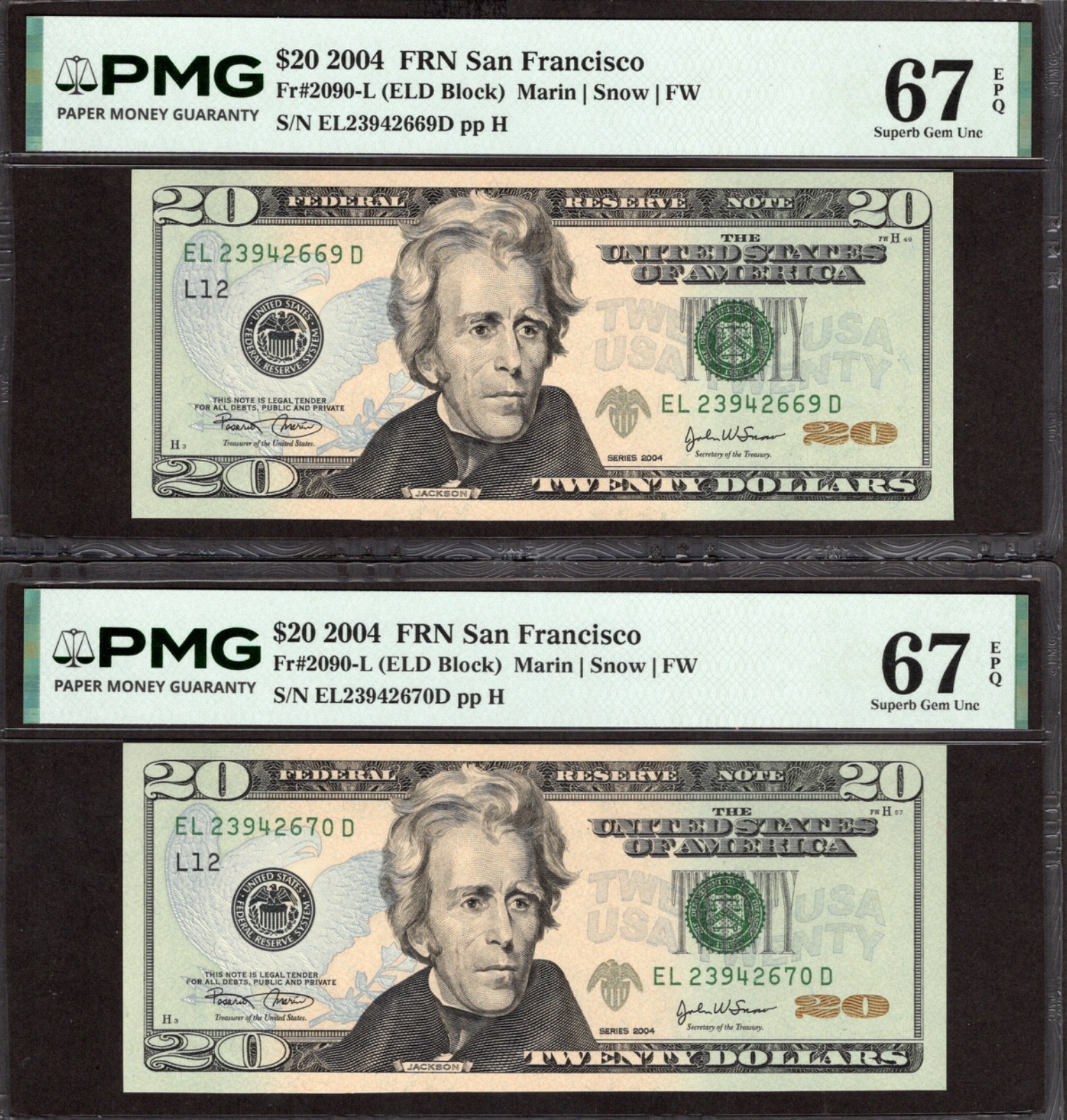 2004 $20 SAN FRANCISCO FRNs. 2 Consecutive PMG SUPERB GEM Uncirculated 67 EPQ. 2004 $20 SAN FRANCISCO FRNs. 2 Consecutive PMG SUPERB GEM Uncirculated 67 EPQ.
