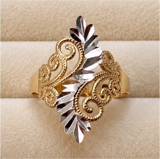14K Solid Gold Ring Size 6 1.9g Two Tone Ornate Filigree Floral Vintage Style