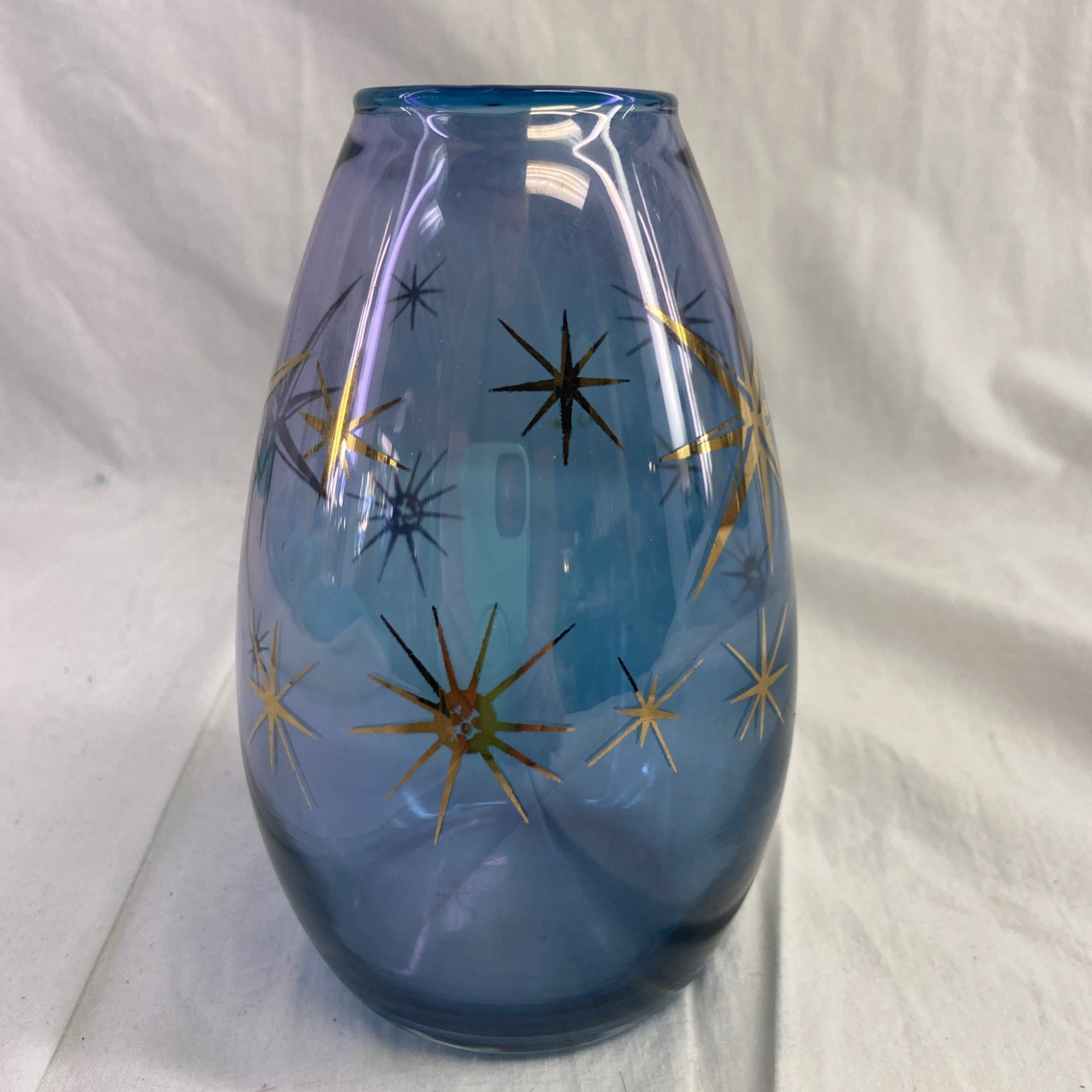 Vintage Bartlett Collins MCM Art Glass Retro Blue Vase Gold Atomic Starburst Vintage Bartlett Collins MCM Art Glass Retro Blue Vase Gold Atomic Starburst