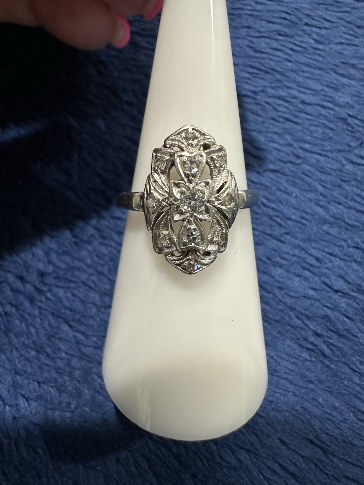 Vtg 1920’s Art Deco Platinum Ornate Diamond Wedding Ring, Size 6.75