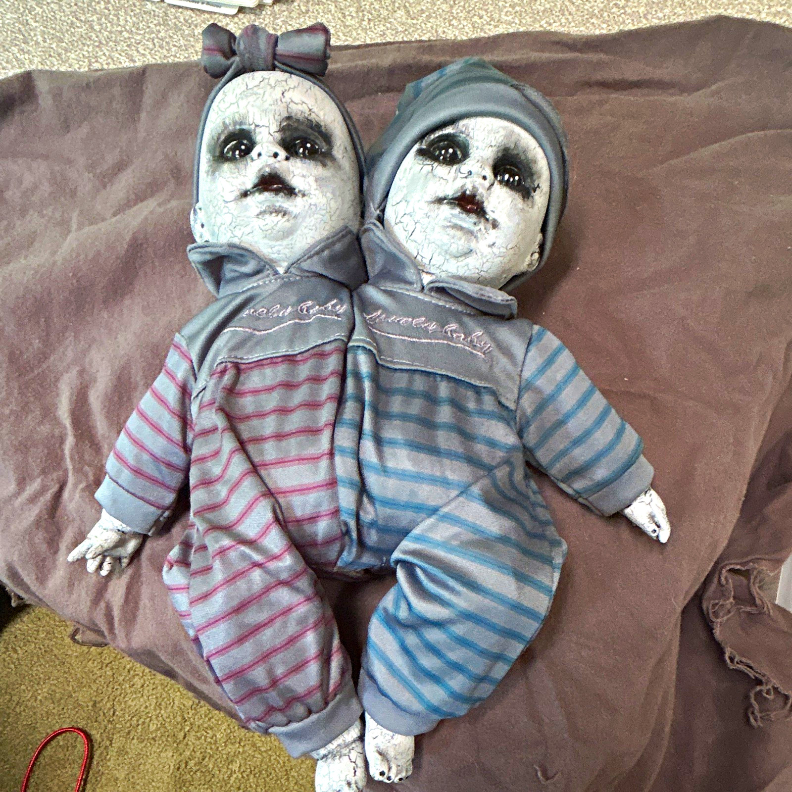 Creepy Twin Baby Doll Set Lot of 2 Cloth No Hair Black Eyes Striped Sleepers