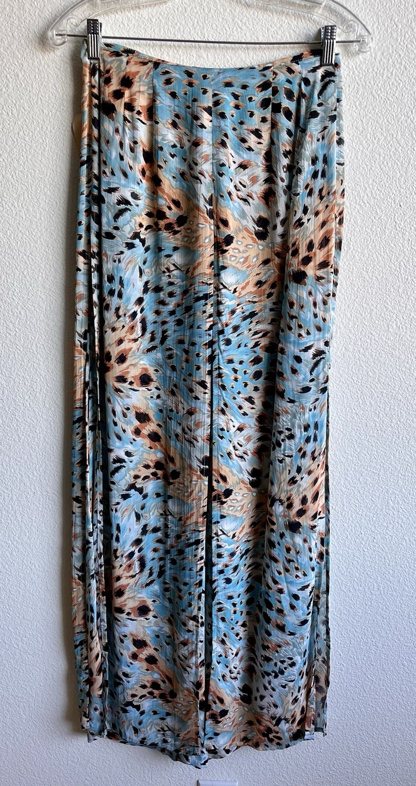ALBERTO MAKALI Sheer Turquoise Animal Print Overlay Multi Pane Wide Leg  Pants 6