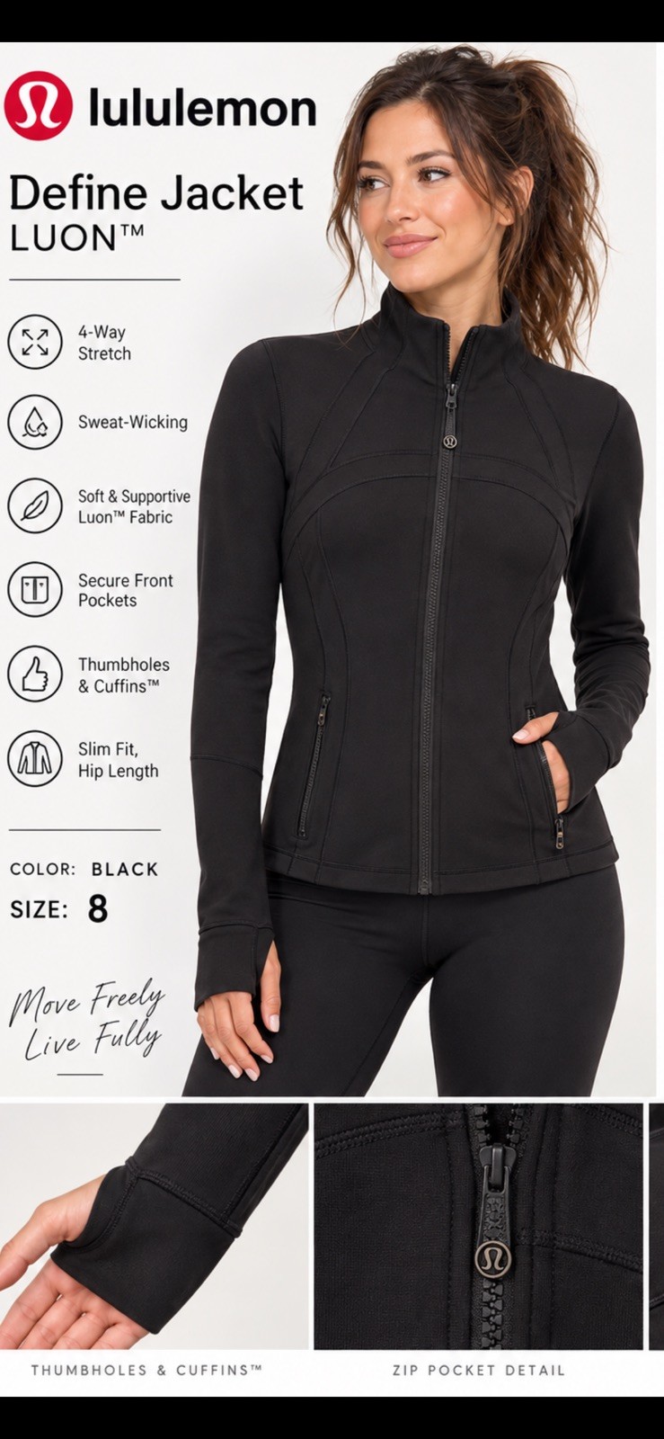 Lululemon Define Women’s Jacket Luon Black Size 8 Full Zip Slim Fit NWT