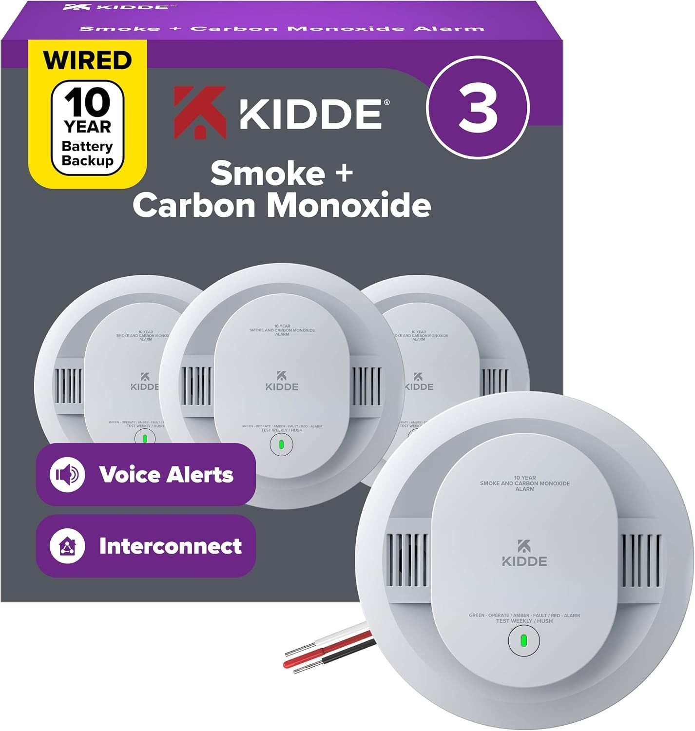 Kidde Smoke & CO Detector 30CUA10-V – Hardwired with 10-Year Battery, 3-Pack