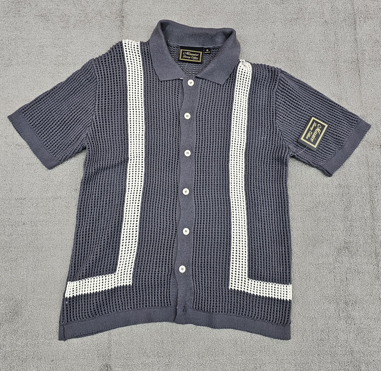 Massive Luxury Edition Mens Sweater M Gray White Crochet Knit Polo Shirt Button
