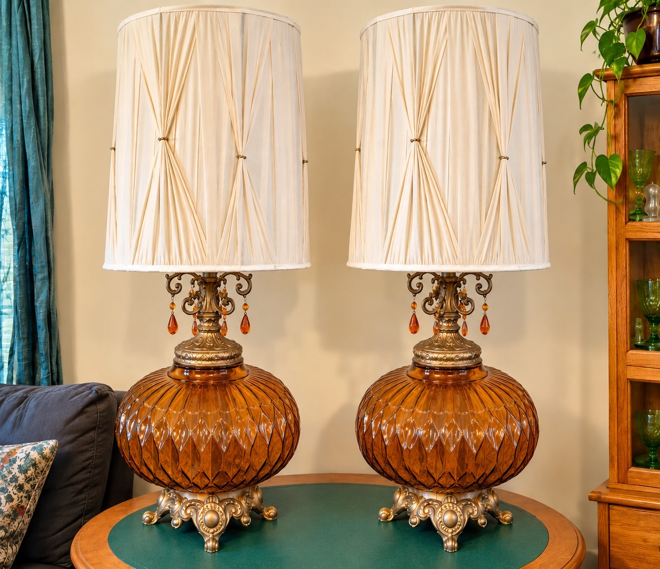 Vintage Pair Amber Optic Glass Falkenstein Style Lamps 39\