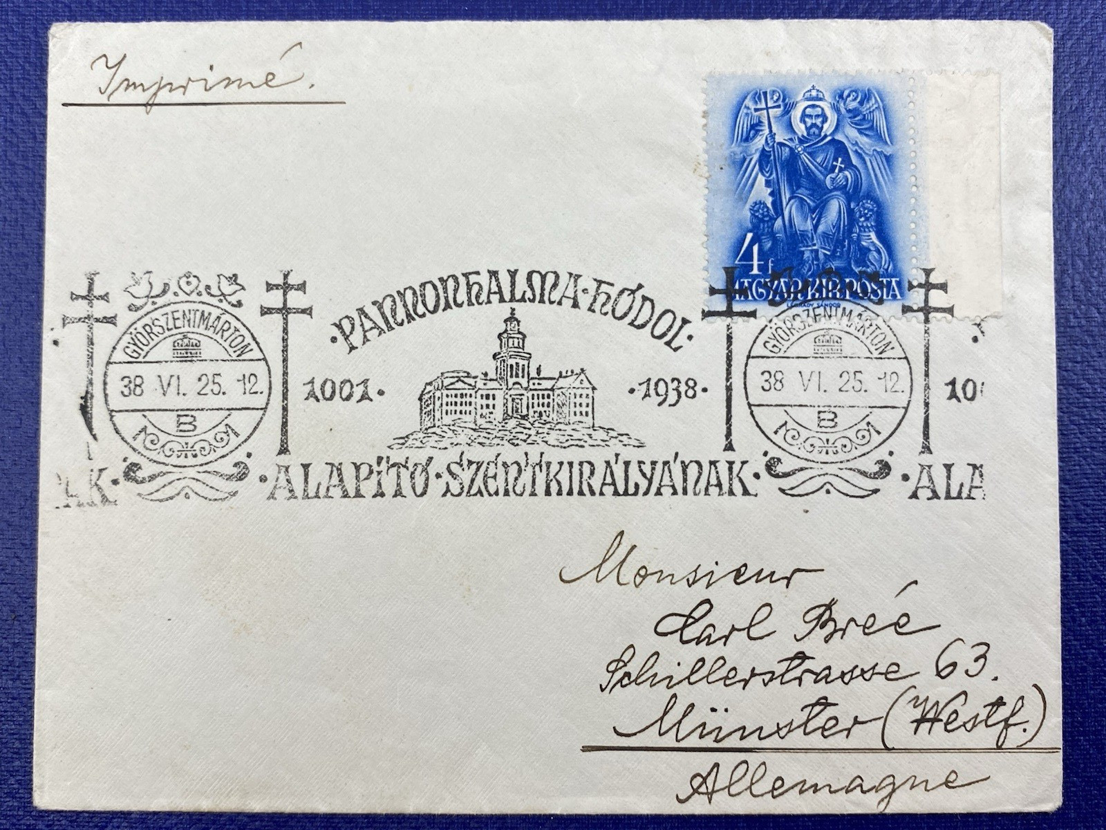 1938 HUNGARY WYORSZENTMARTON PICTORIAL CANCEL TO GERMANY, SC# 513