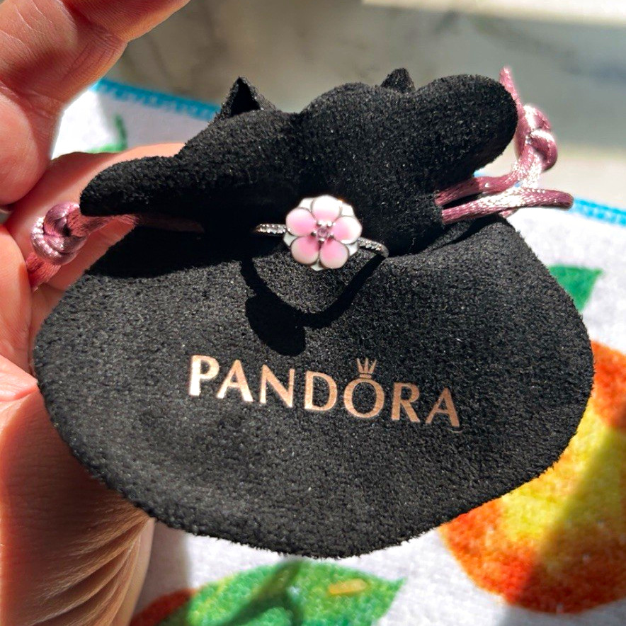 PANDORA 925 Sterling Silver Pink Enamel Flower Band Ring Size 7 PANDORA 925 Sterling Silver Pink Enamel Flower Band Ring Size 7