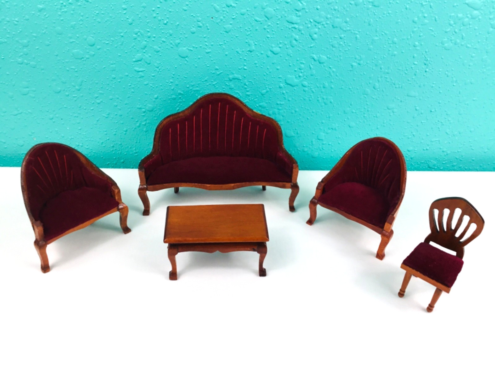 Vintage Dollhouse Miniature Red Velvet Wooden Furniture Lot Vintage Dollhouse Miniature Red Velvet Wooden Furniture Lot