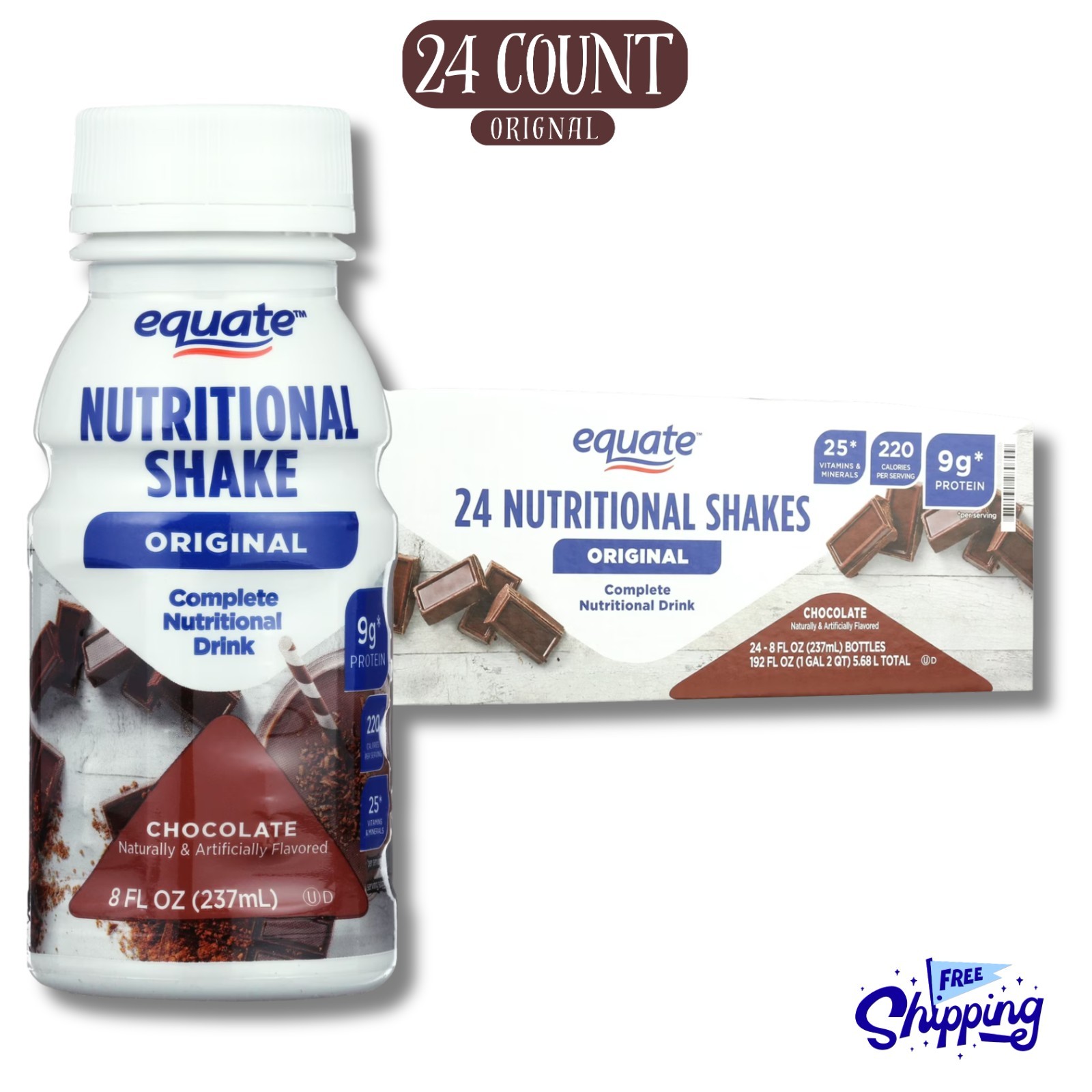 Equate Original Meal Replacement Nutritional Shakes, Chocolate, 8 Oz, 24 Count Equate Original Meal Replacement Nutritional Shakes, Chocolate, 8 Oz, 24 Count