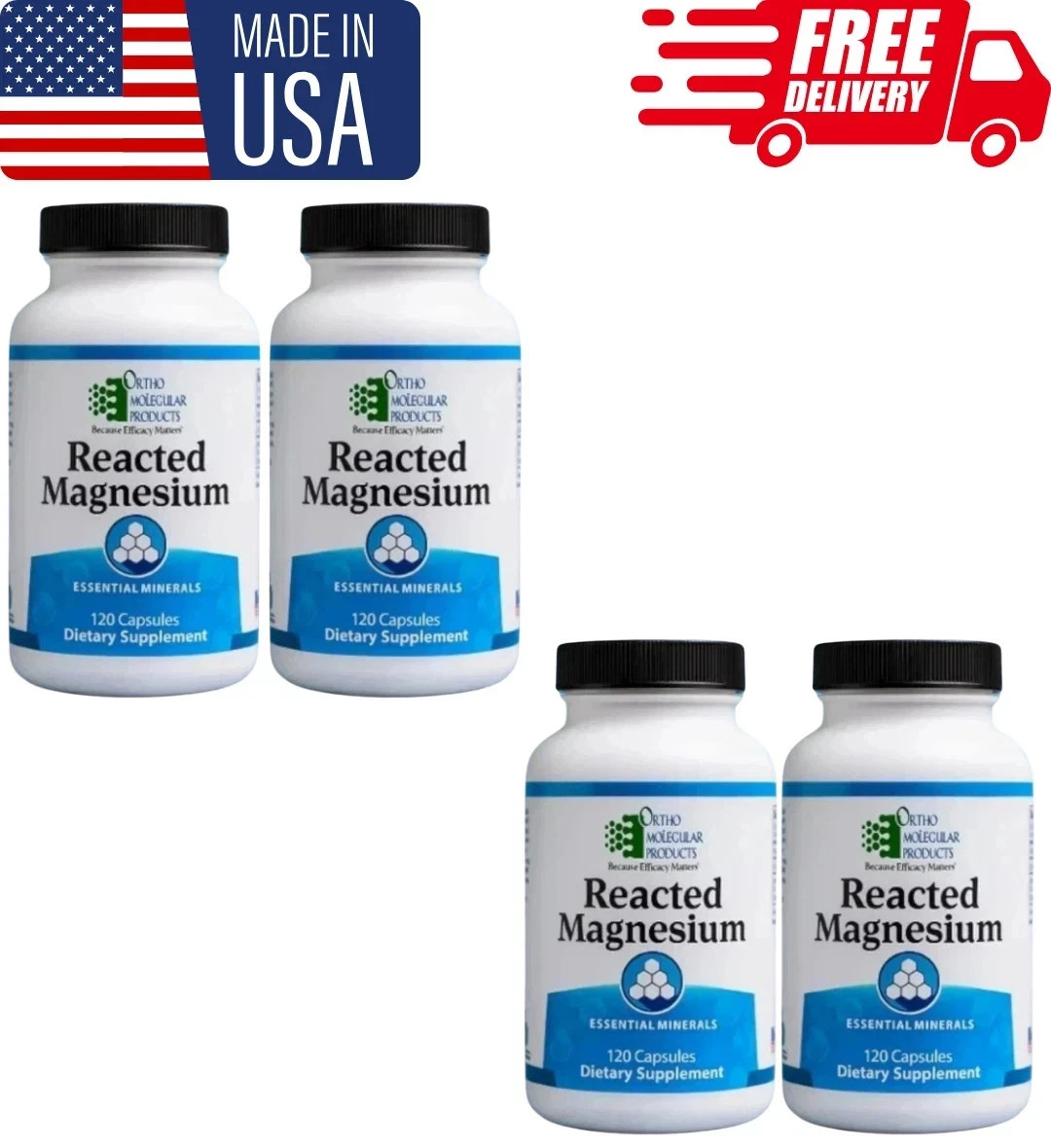 pack of 4 Orthomolecular Reacted Magnesium 180ct - New.