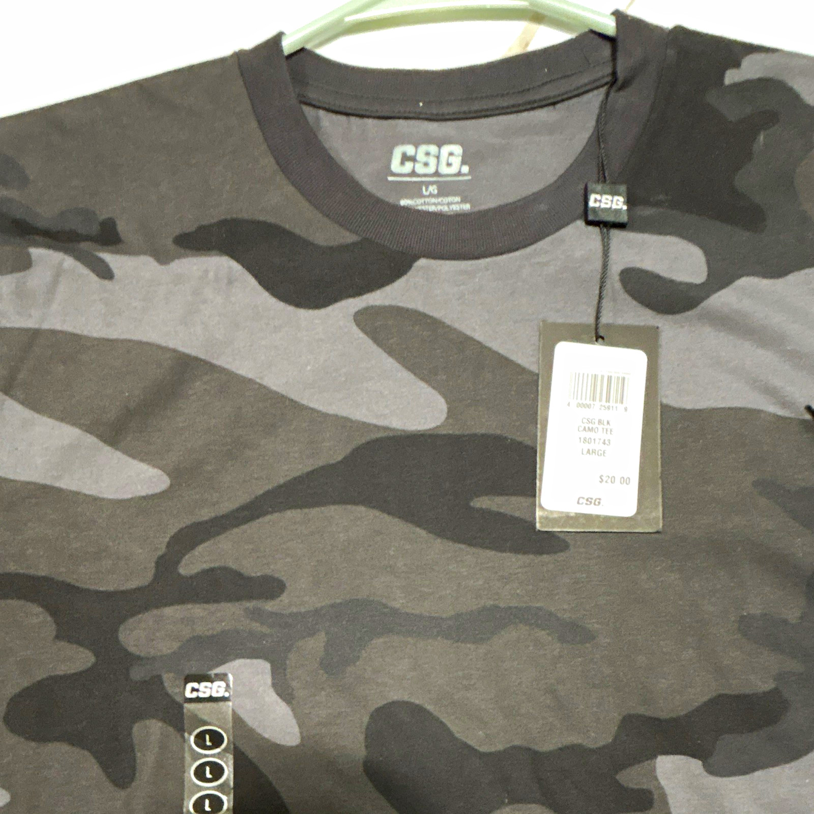 CSG. Men\'s Black/Gray Camouflage Logo Crew Neck Short Sleeve T-Shirt Size L CSG. Men\'s Black/Gray Camouflage Logo Crew Neck Short Sleeve T-Shirt Size L