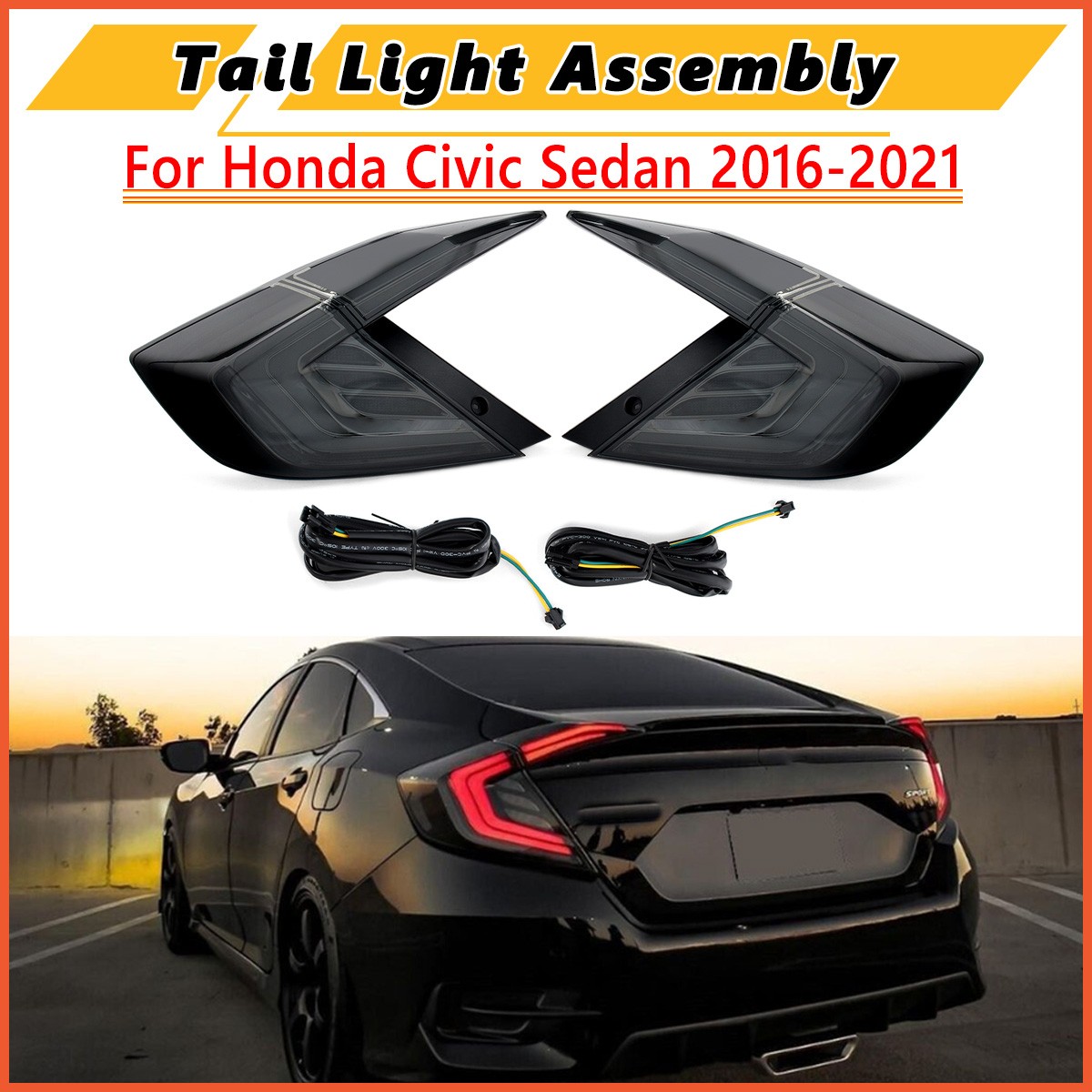 Smoked Tail Lights For 2016-2021 Honda Civic Sedan LED Rear Lamps w/ Sequential