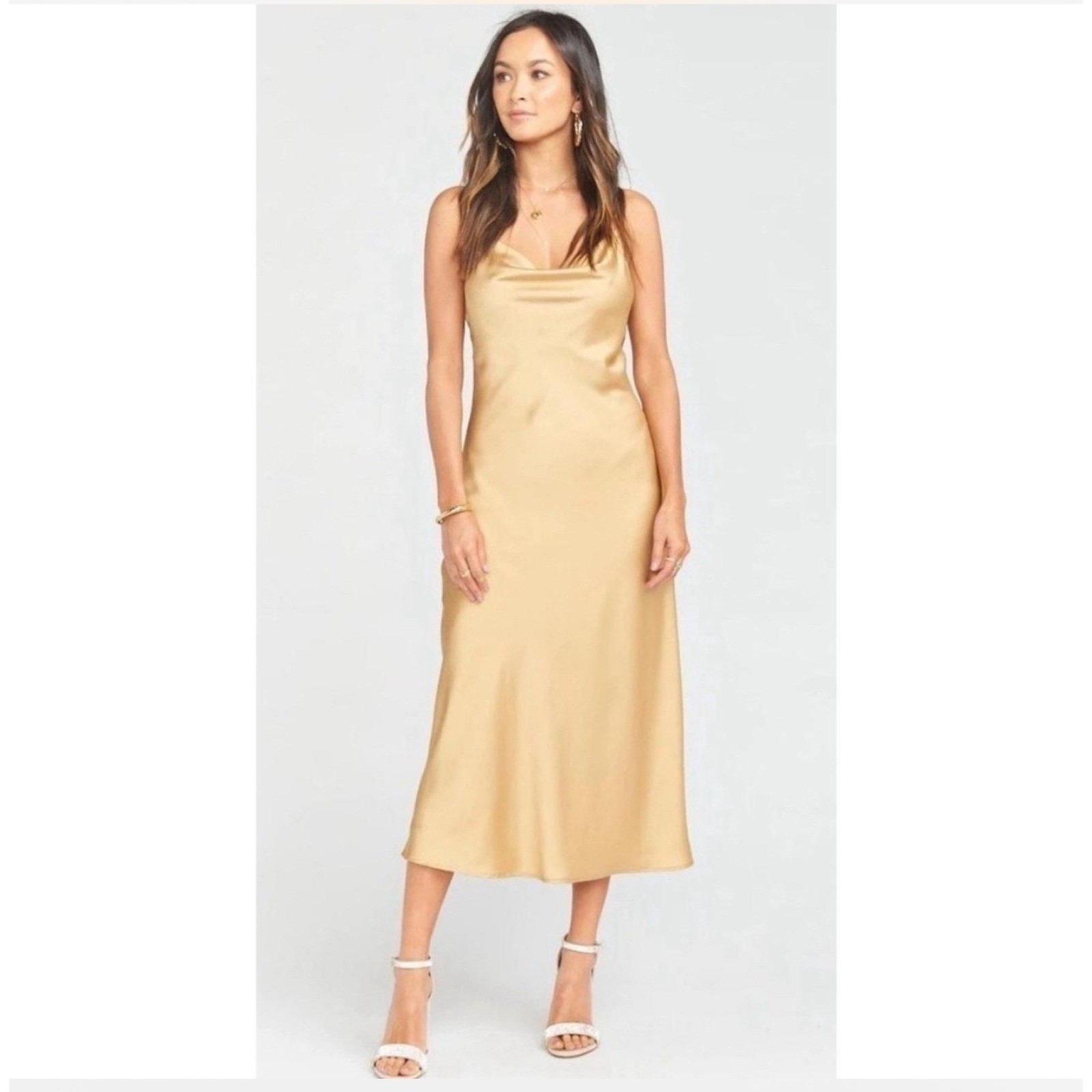 Show Me Your Mumu Rome Midi Dress Women\'s Cowl Neck Satin Gold Size M $198