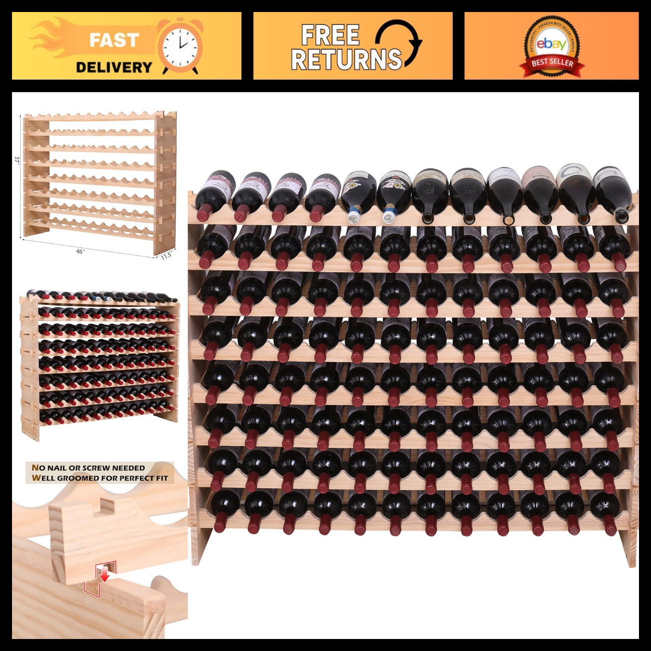 Stackable Modular Wooden Wine Rack Cabinet - 96 Bottle Freestanding Storage Unit
