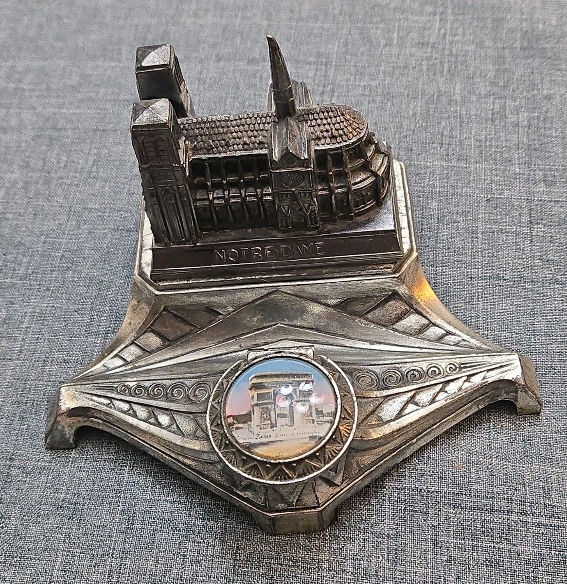 Vintage 1930's Cast Metal Art Deco Notre Dame Inkwell & Pen Rest Paris Souvenir 