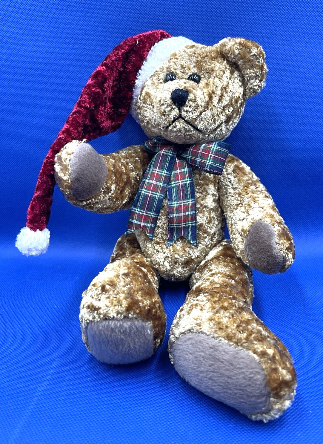 Vintage 2001 Artist Plush Teddy Bear Santa Hat Plaid Bow Christmas Holiday B77 Vintage 2001 Artist Plush Teddy Bear Santa Hat Plaid Bow Christmas Holiday B77