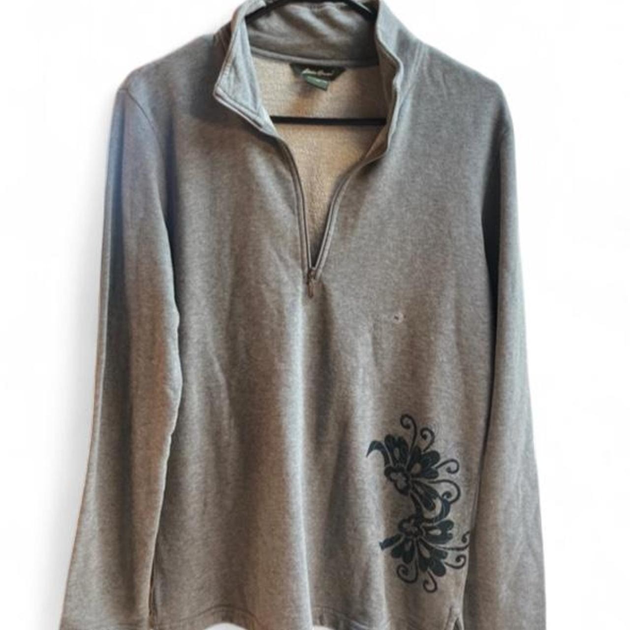 NWOT Eddie Bauer Women\'s M Gray 1/4 Zip Pullover Sweatshirt Floral Accent Cotton