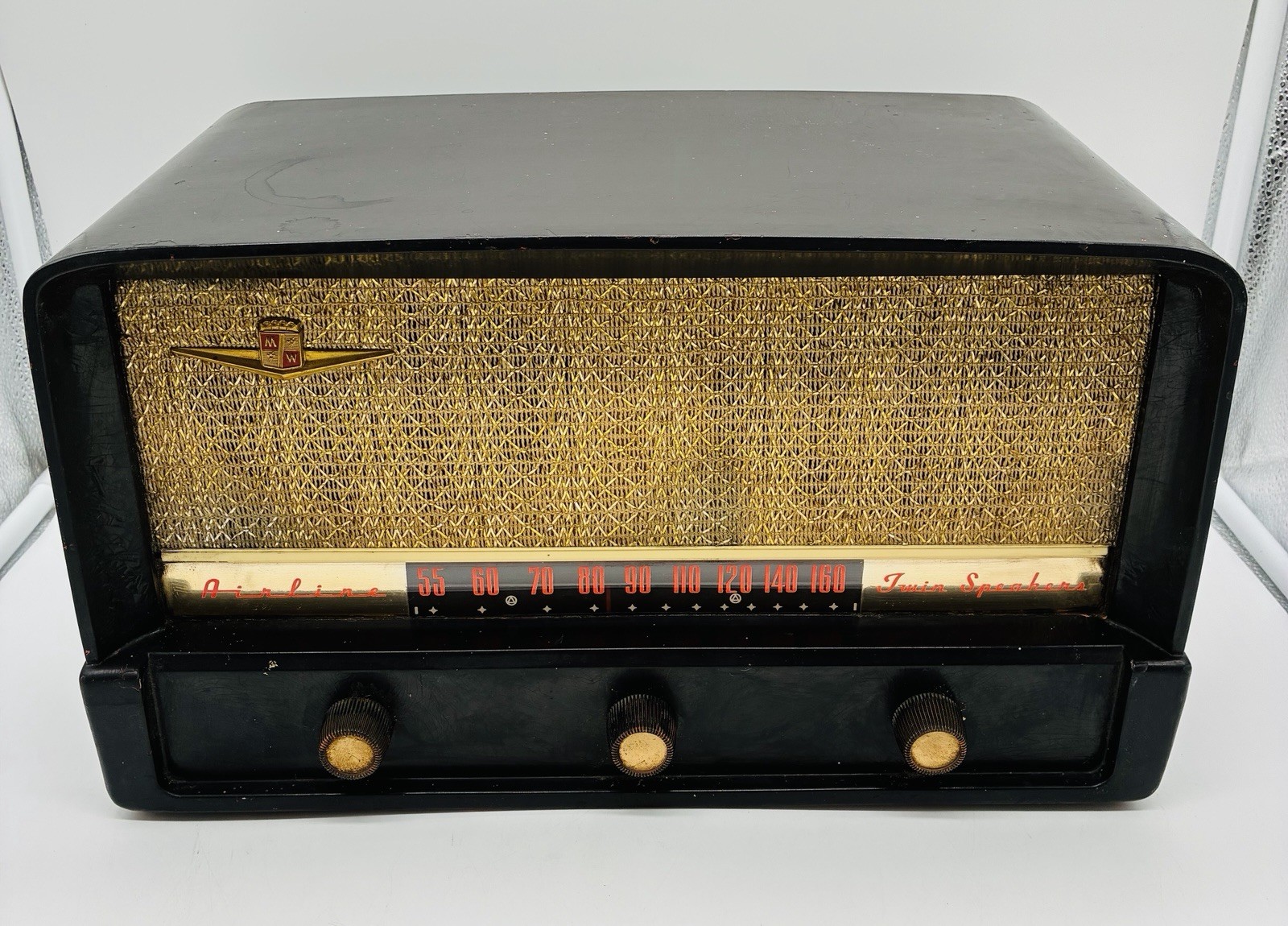 Montgomery Wards Airline Vintage Tube Radio Bakelite Twin Speaker Antique WORKS