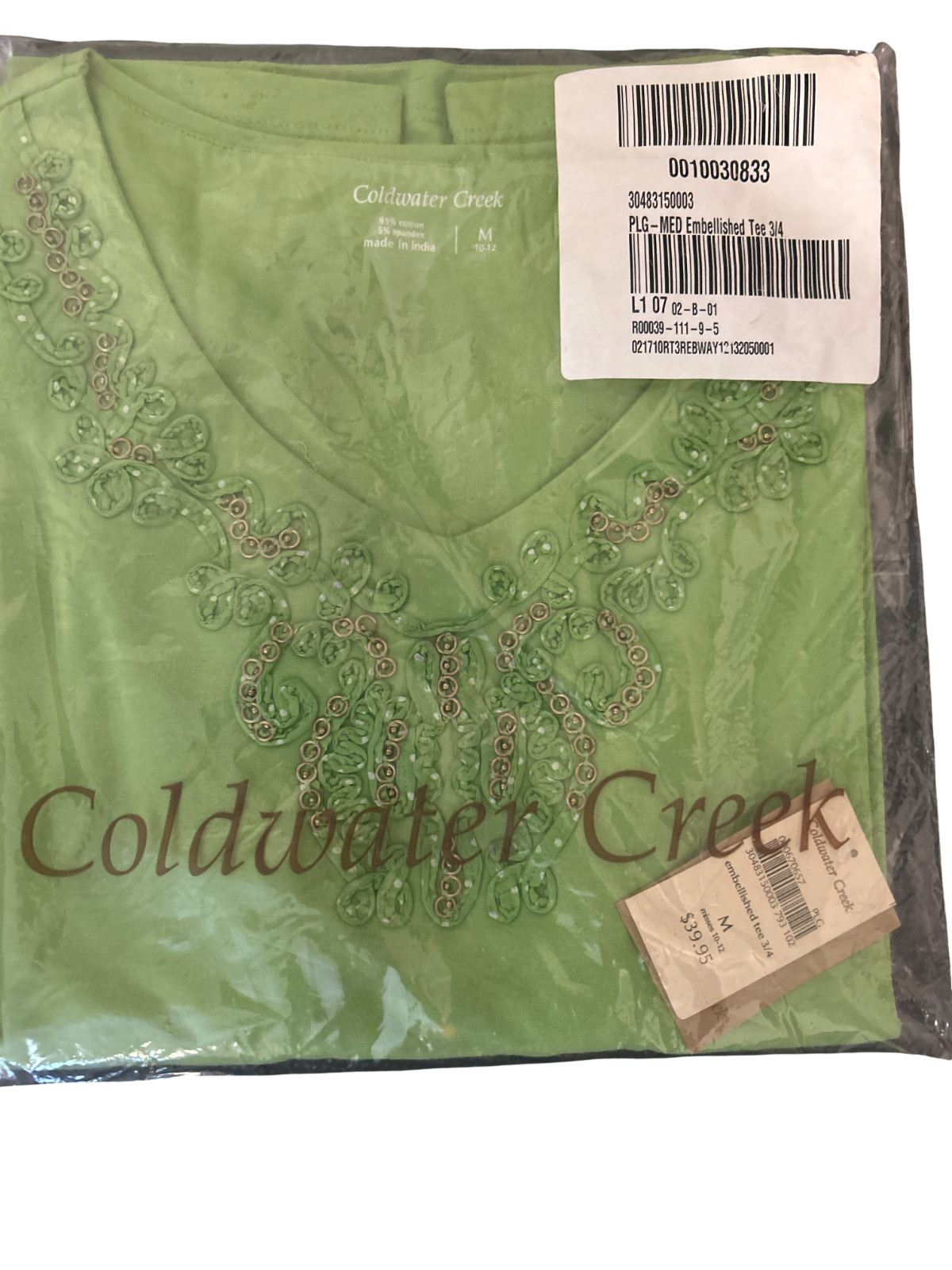 Coldwater Creek Womens Medium Green Embellished Neck 3/4 Sleeve Tee Top NWT