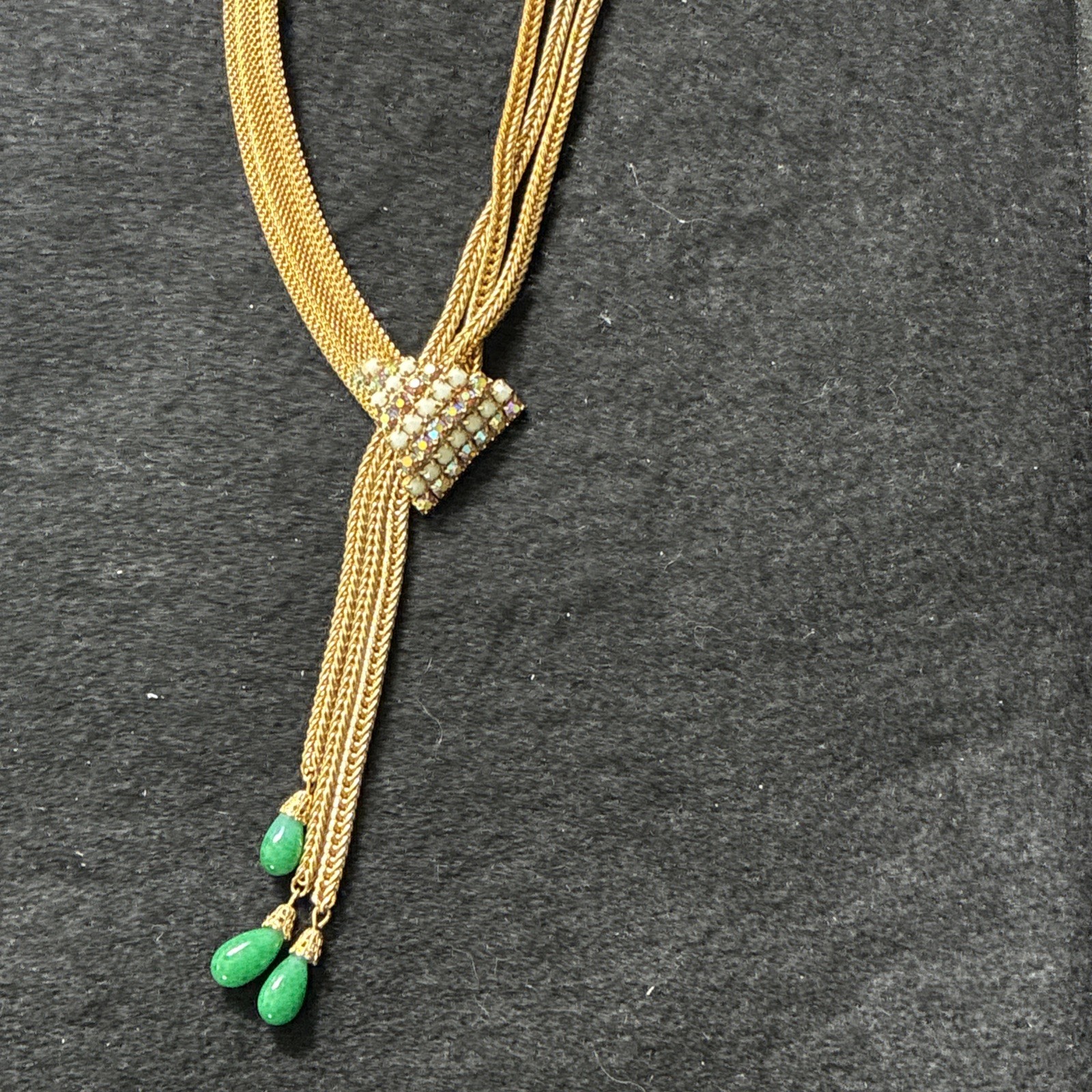 Vintage HOBÉ Signed Gold Mesh Necklace AB Rhinestone Milk Glass Statement Vintage HOBÉ Signed Gold Mesh Necklace AB Rhinestone Milk Glass Statement