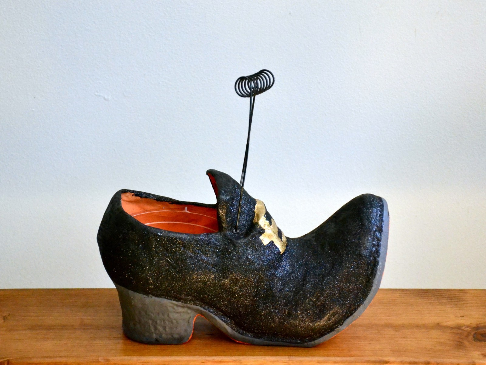 Vintage Style Paper Mache Witch Boot Halloween Candy Container Glitter Orange