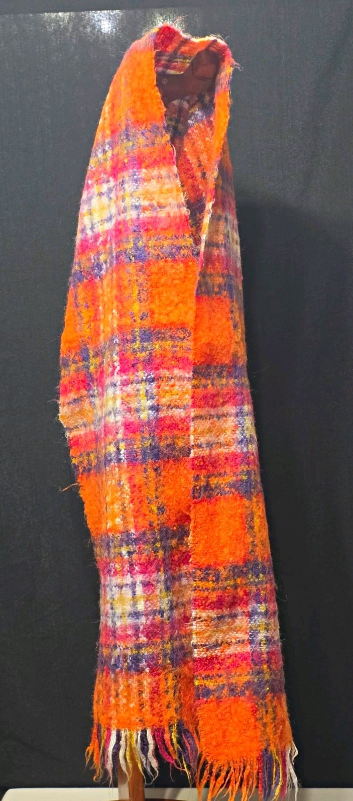 Vintage Guillaume de Mons Paris Mohair Blend Plaid Scarf Fringe Orange Pink Warm
