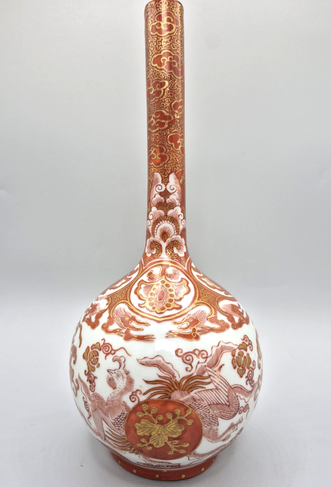 Impressive Antique Japanese Kutani Ware Bottle Vase with Phoenix 9.75 inches Impressive Antique Japanese Kutani Ware Bottle Vase with Phoenix 9.75 inches