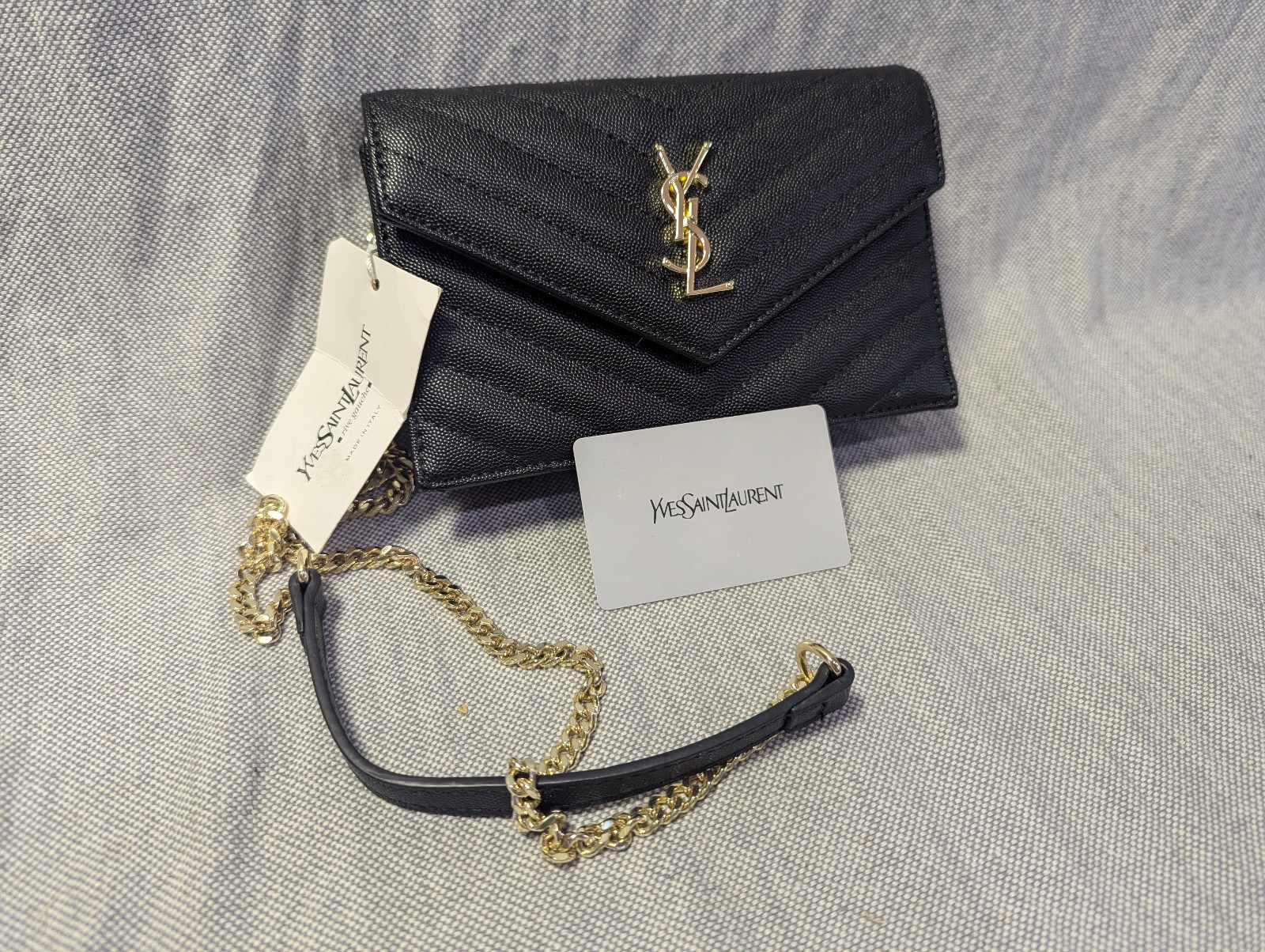Authentic Saint Laurent YSL Monogram Envelope Wallet on Gold Chain Authentic Saint Laurent YSL Monogram Envelope Wallet on Gold Chain