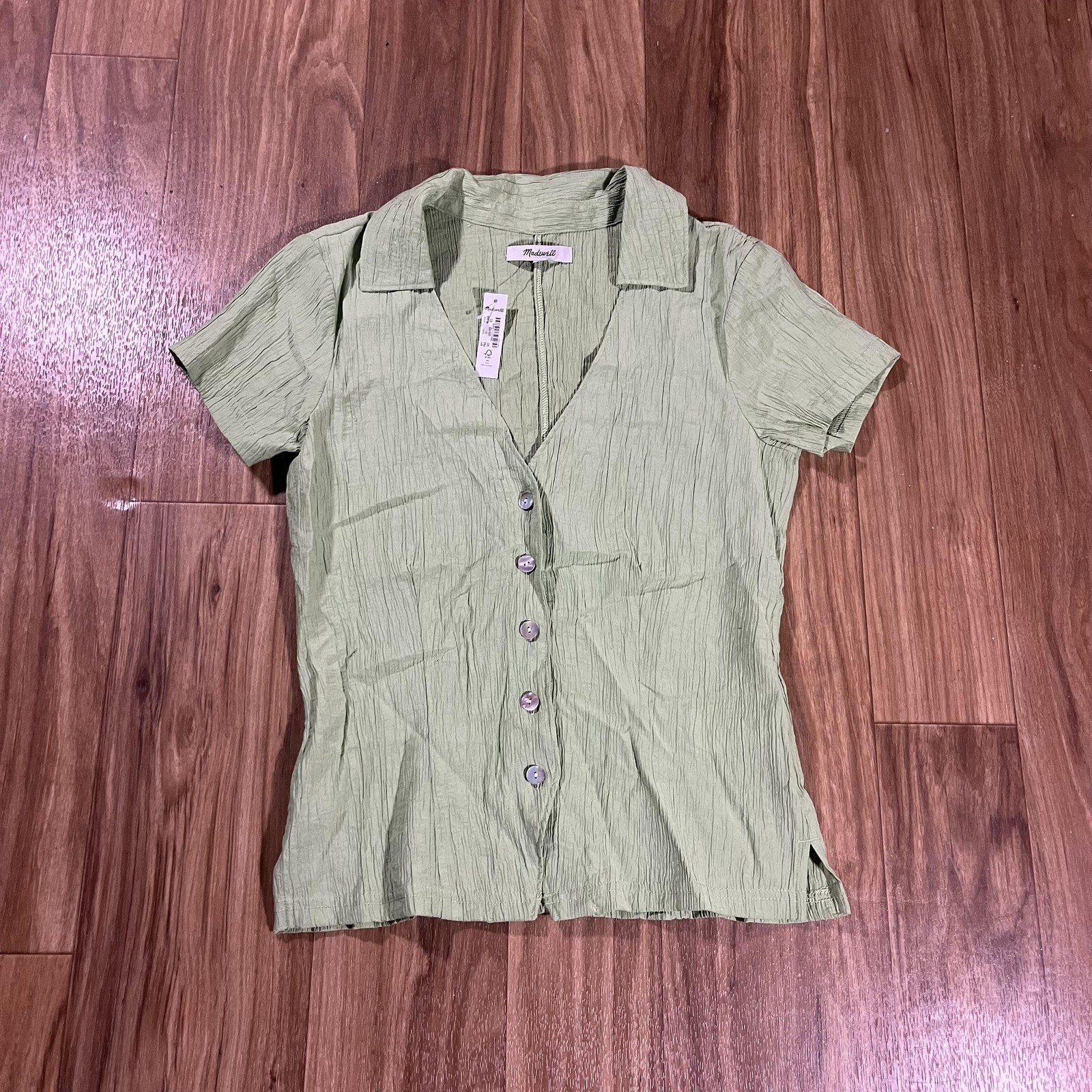 Madewell Blouse Womens XS Green Crinkle Button Front V Neck Short Sleeve Top