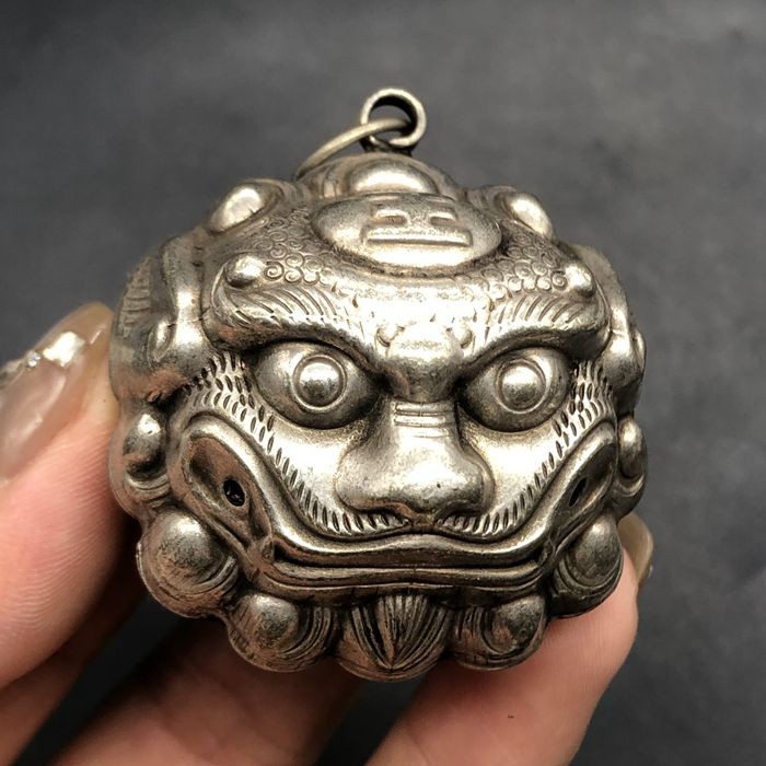 Vintage Tiger Head Bell Pendant Small Brass Alloy Handmade Ornament