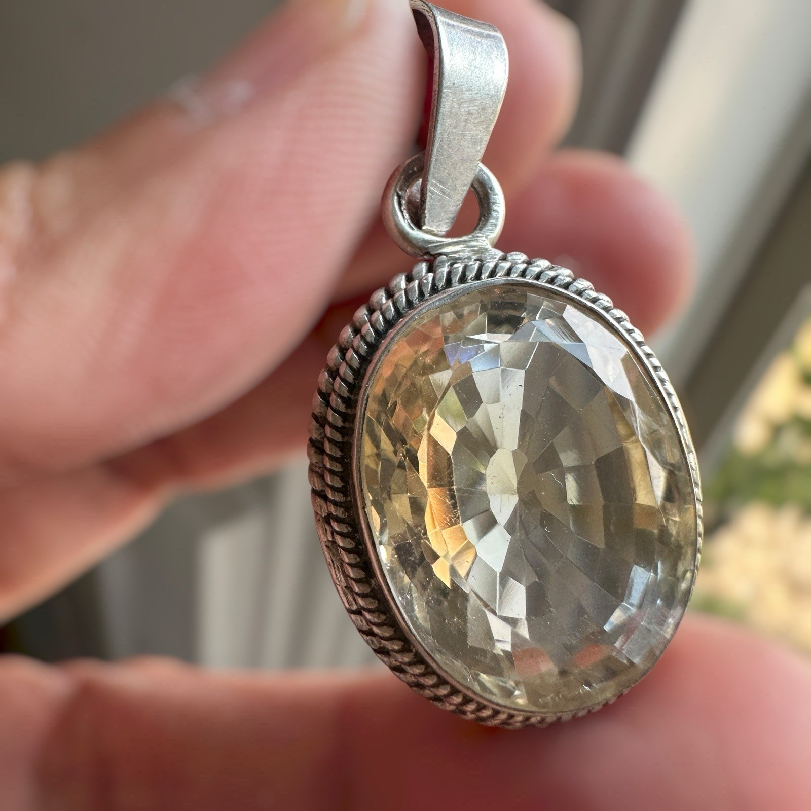 VTG Artisan Pendant 1.5 Inch Clear Peach Polychrome Topaz Gem 925 Sterling 9.7g