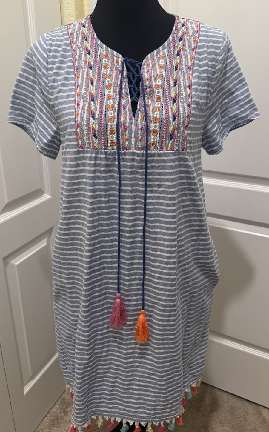 WOMEN\'S ODDY striped  embroidered  BOHO COTTAGE DRESS anthropology blue white 