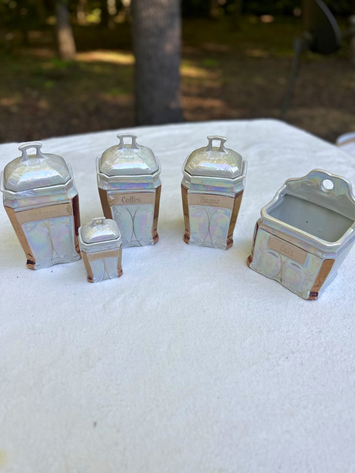 Vintage Iridescent Ceramic Coffee Tea Sugar Set 5pc w/ Lids White/Gold 4.5in