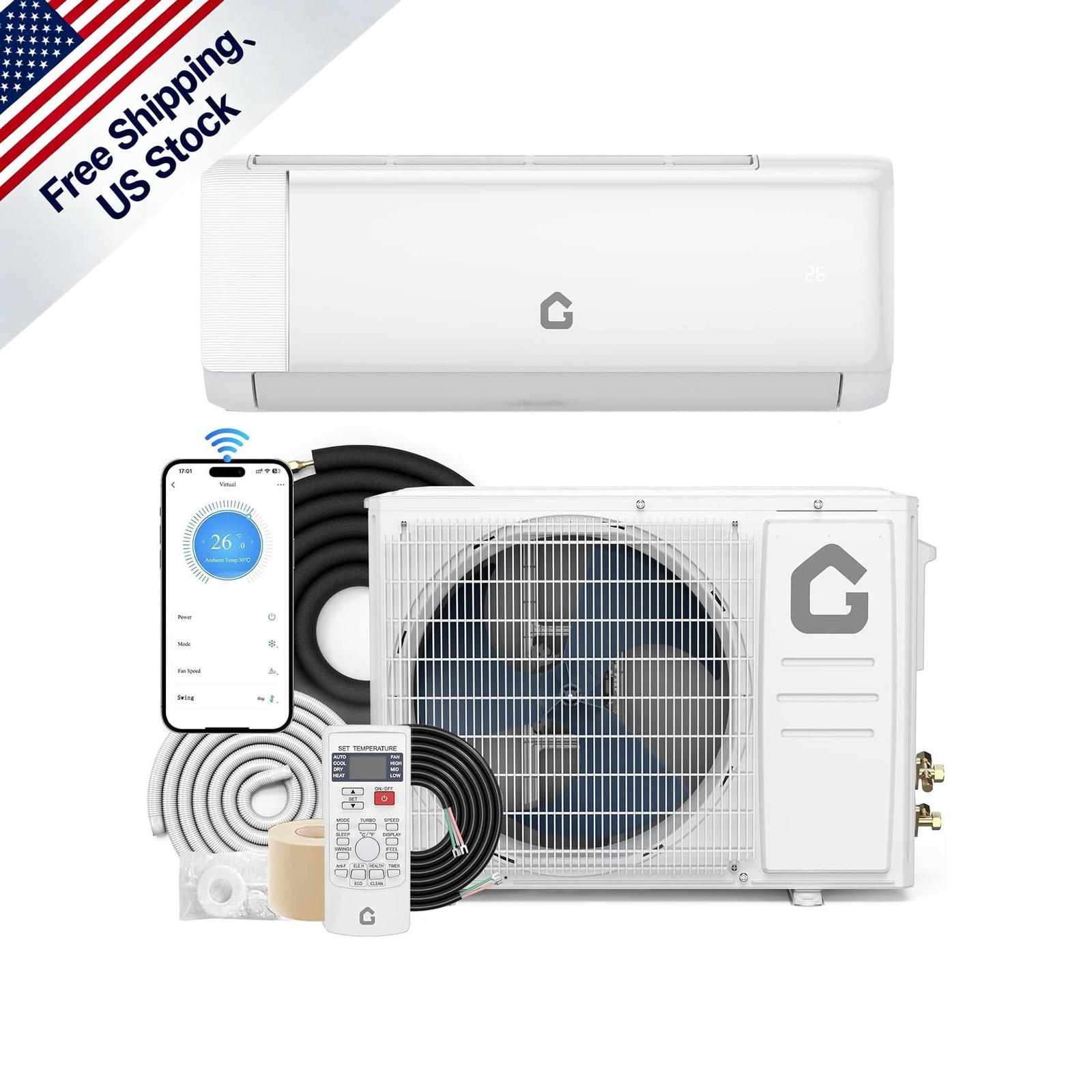 18000BTU Ductless Air Conditioner 19 SEER2 Heating Cooling Quiet Remote 1250 Sq