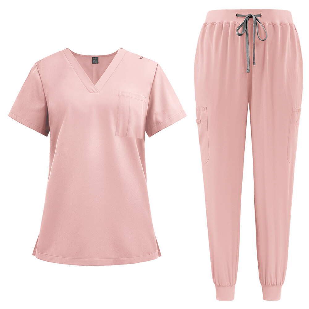 Summer NiaaHinn Scrub Nurse Medical Uniform Set Women Men V-Neck Top Jogger Pant