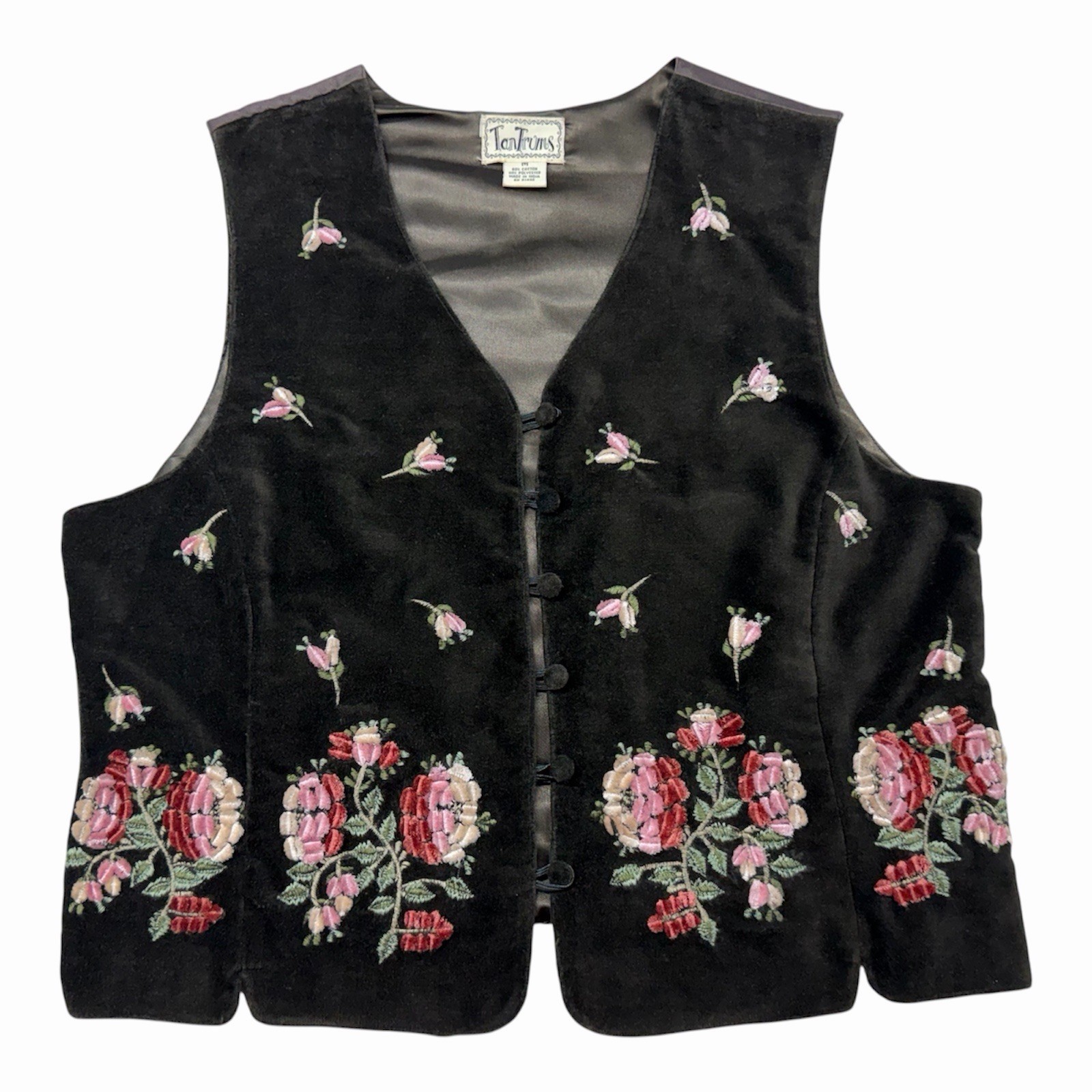 Vintage Tantrums Velvet Vest Womens Medium Brown Floral Embroidery Button Front