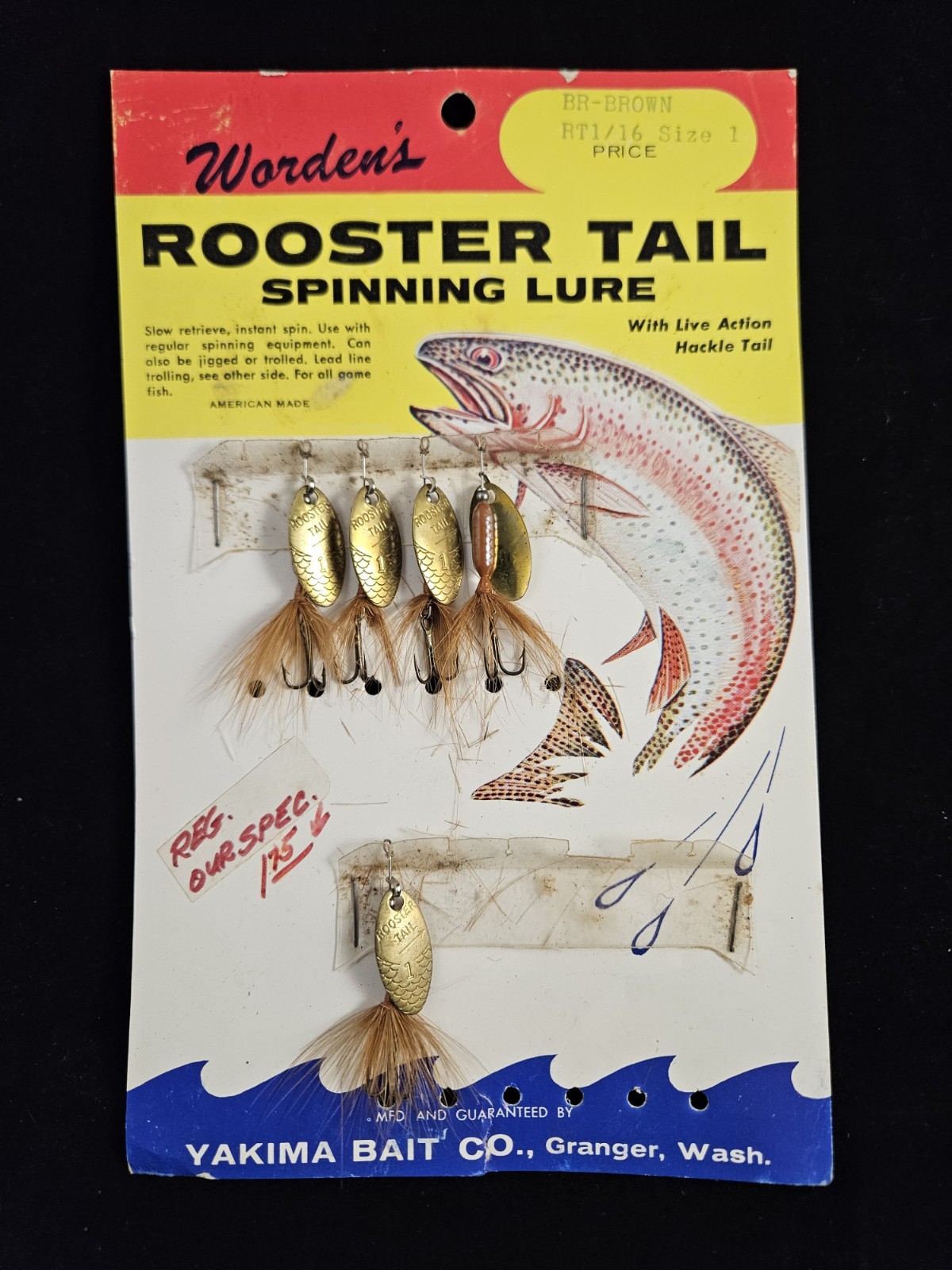 Vintage Worden\'s Rooster Tail Spinner Display Card  1/16 oz Brown with 5 Lures