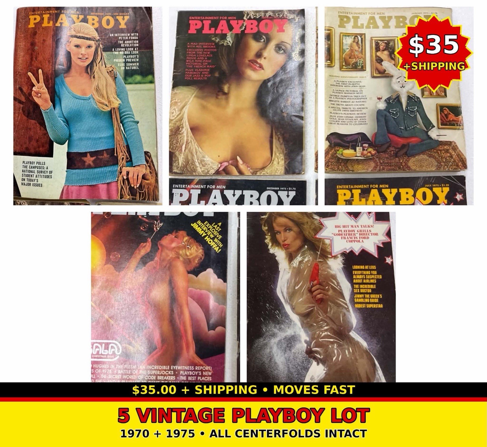Vintage Playboy Magazine Lot 5 Issues 1970 & 1975 - Centerfolds Intact