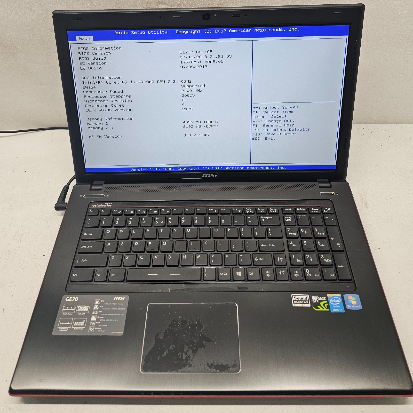 MSI GE70 17.3” Laptop Intel Core i7-4700MQ 12GB Ram NO HD/OS (FL)