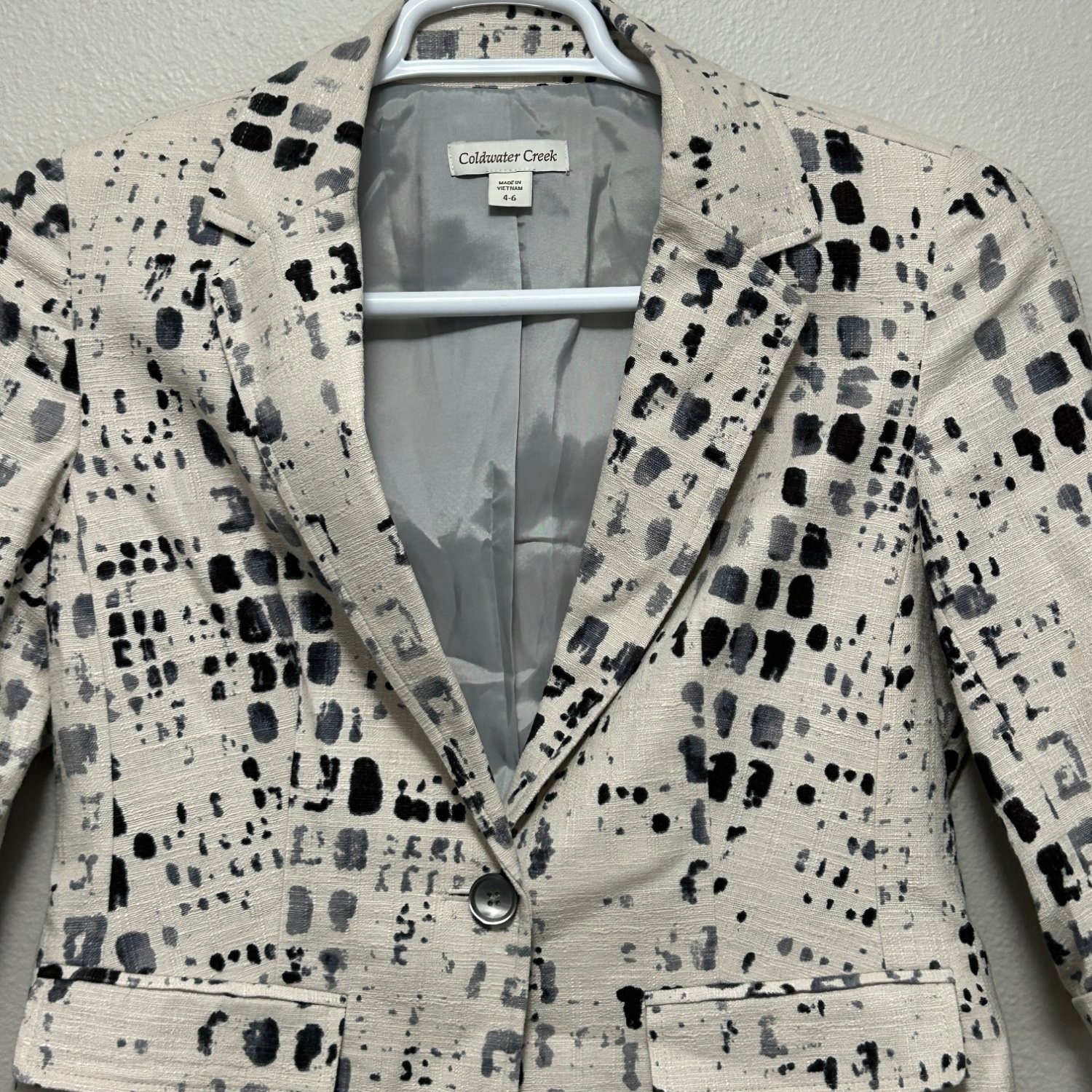 Coldwater Creek Blazer Womens 4-6 Ivory Linen Blend Abstract Dot Print 4013307