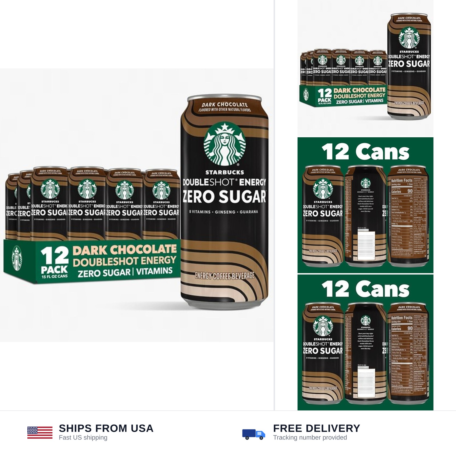 Starbucks Doubleshot Zero Sugar Coffee Energy Drink, Dark Chocolate, 15 fl oz...