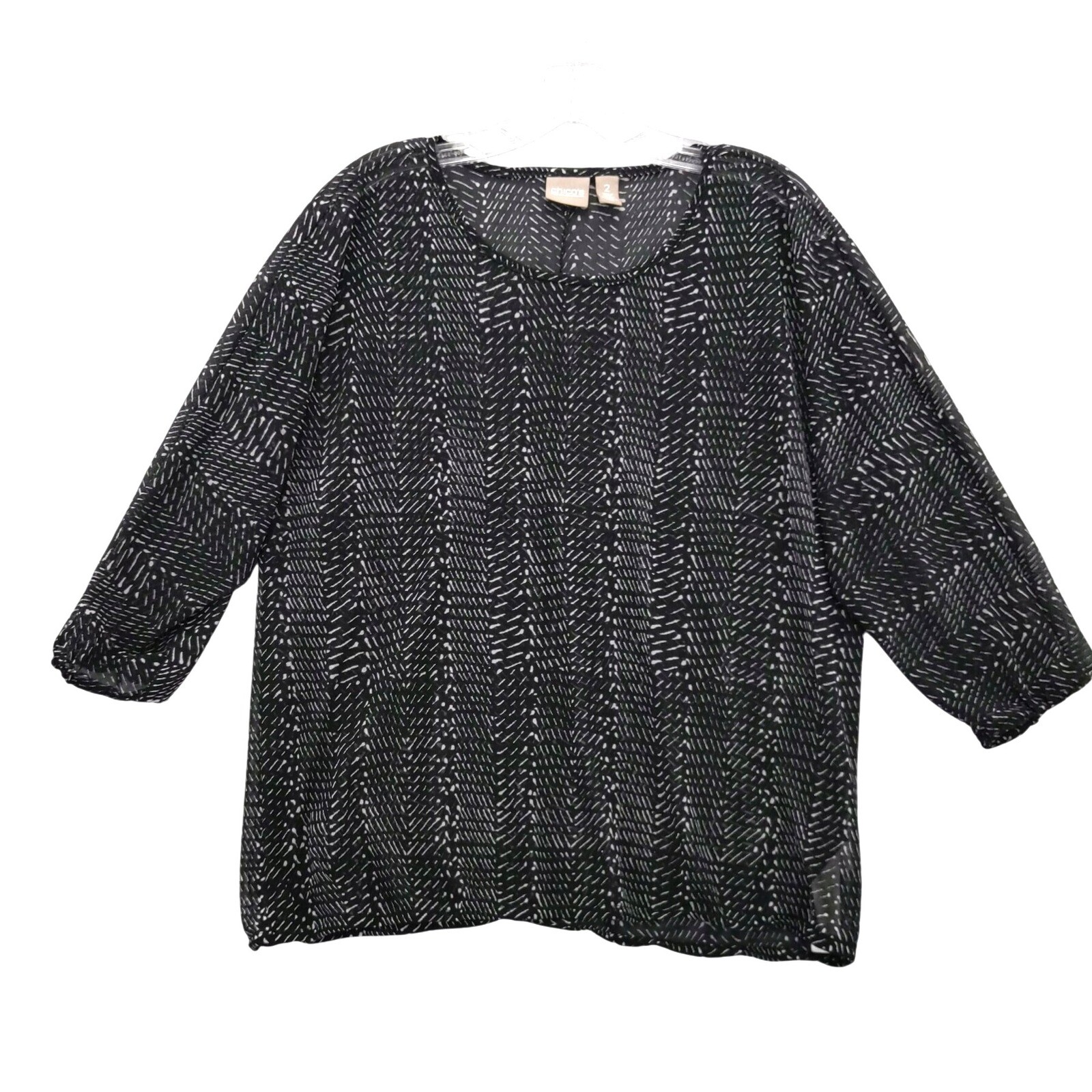 Chico\'s Sheer Mesh Blouse Black White Print 3/4 Sleeve Top Size 2 L