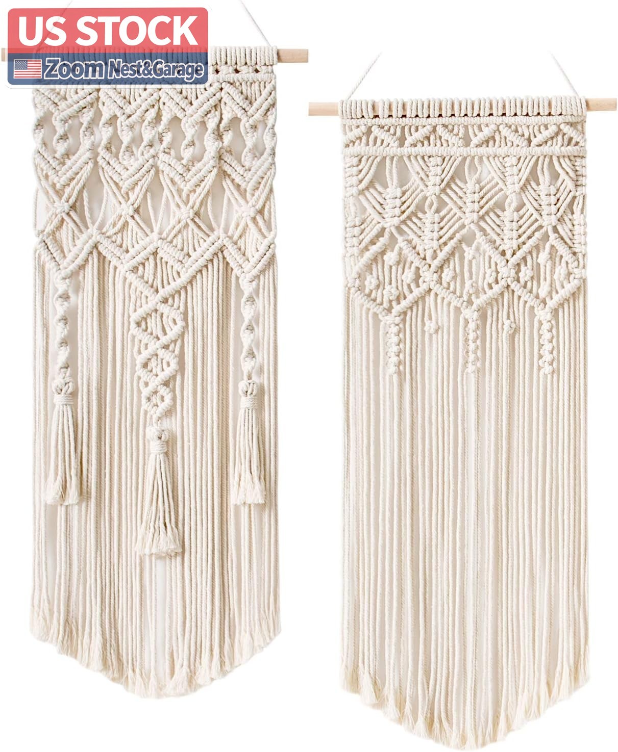 US Stock Mkono 2 Pcs Macrame Wall Hanging Boho Woven Tapestry Ivory